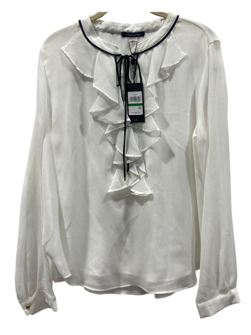 Tommy Hilfiger Ruffled Tie Blouse L White Flowy Victorian Chiffon Fairy Academia